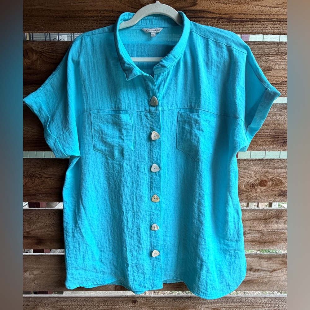 John Mark Turquoise Button-Down Shirt Triangular … - image 2